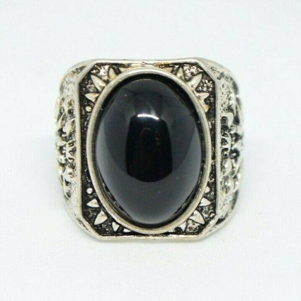 Black Glass Rhinestone Silver Tone Oval Statement